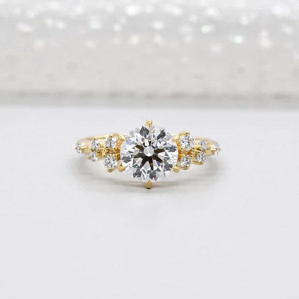 Round 2.30tcw Lab Diamond Engagement Ring | IGI Certified | Yellow Gold Cluster Side Stone Ring