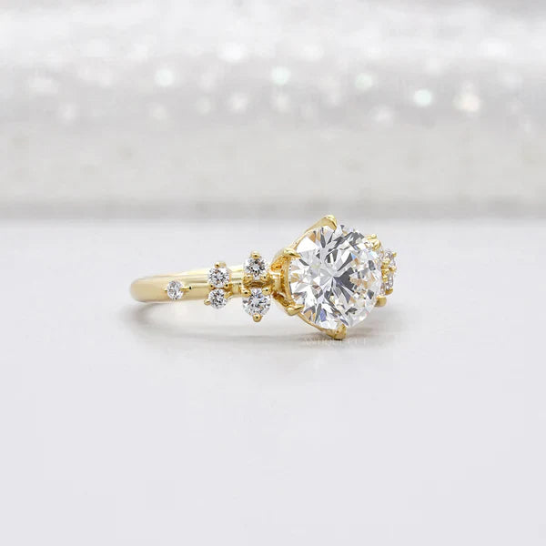 Round 2.30tcw Lab Diamond Engagement Ring | IGI Certified | Yellow Gold Cluster Side Stone Ring