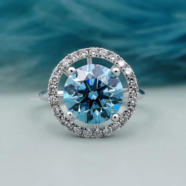 5.50tcw Fancy Blue Diamond Ring | Round Halo Engagement Ring | Luxury Fine Jewelry