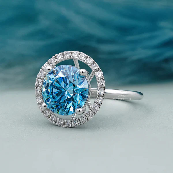 5.50tcw Fancy Blue Diamond Ring | Round Halo Engagement Ring | Luxury Fine Jewelry
