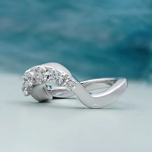 Round 0.70tcw Diamond Curved Band | Sculptural Wave Ring | Gold Contour Wedding Band