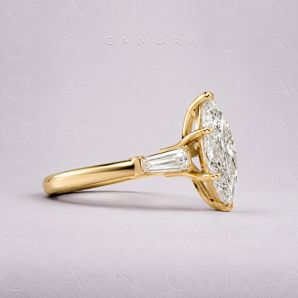 Marquise Cut Diamond Engagement Ring with Tapered Baguette Side Stones in Gold