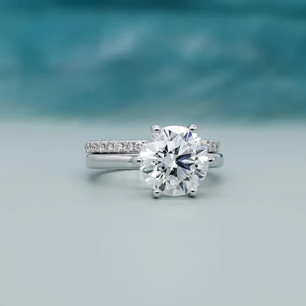 3.20tcw Round Lab Grown Diamond Ring Set, Solitaire Engagement with Band, VVS-VS Clarity, DEF Color