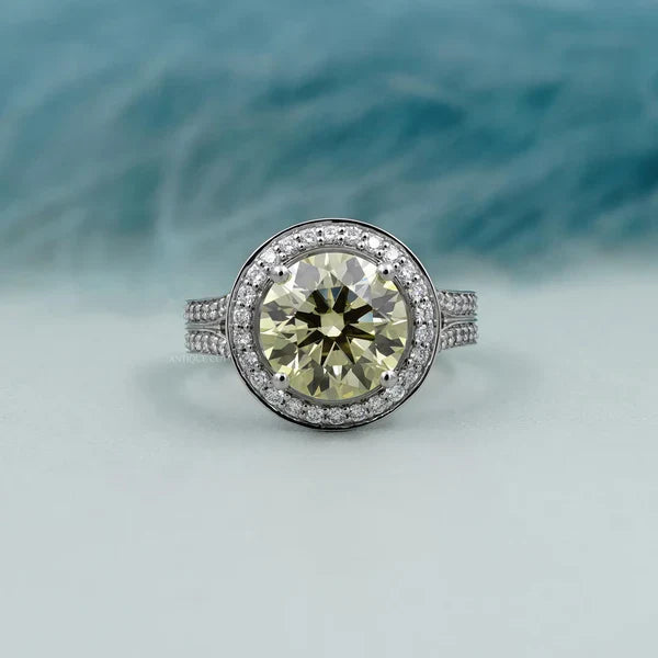 4.25TCW Fancy Yellow Round Cut Halo Diamond Engagement Ring | Split Shank | Lab Grown Diamond Ring IGI Certified D-E-F VVS-VS.