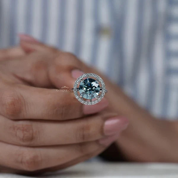 5.50tcw Fancy Blue Diamond Ring | Round Halo Engagement Ring | Luxury Fine Jewelry