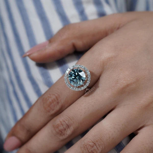 5.50tcw Fancy Blue Diamond Ring | Round Halo Engagement Ring | Luxury Fine Jewelry