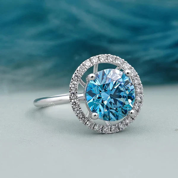 5.50tcw Fancy Blue Diamond Ring | Round Halo Engagement Ring | Luxury Fine Jewelry