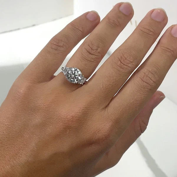 2.50tcw Round Lab Diamond Vintage Three Stone Ring | Trapezoid Sides | IGI Certified | White Gold