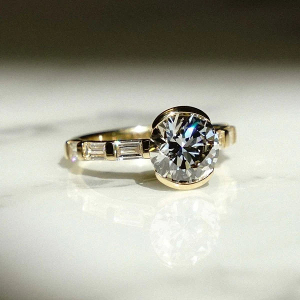3.00tcw Lab Grown Round Diamond Ring | Bezel & Side Baguettes | Certified And Customizable