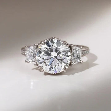 2.50tcw Round Lab Diamond Vintage Three Stone Ring | Trapezoid Sides | IGI Certified | White Gold