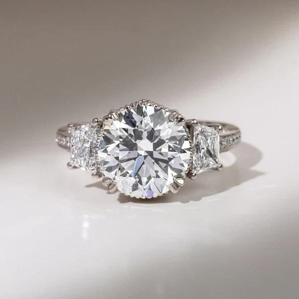 2.50tcw Round Lab Diamond Vintage Three Stone Ring | Trapezoid Sides | IGI Certified | White Gold