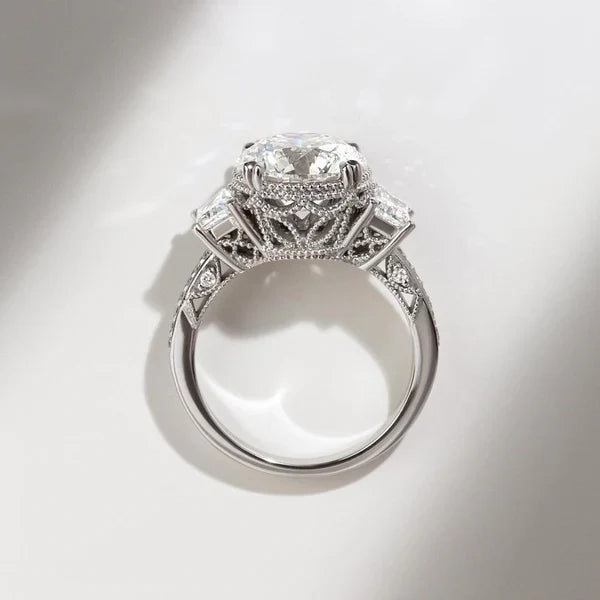 2.50tcw Round Lab Diamond Vintage Three Stone Ring | Trapezoid Sides | IGI Certified | White Gold