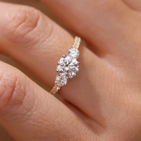 1.50tcw Round Cut Lab Diamond Engagement Ring | Three Stone Pavé Design | Yellow Gold