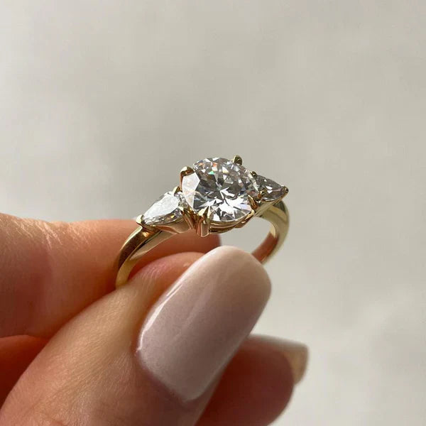 Elegant Round 2.50tcw Lab Diamond Ring | Pear Side Stones | Yellow Gold | IGI Certified
