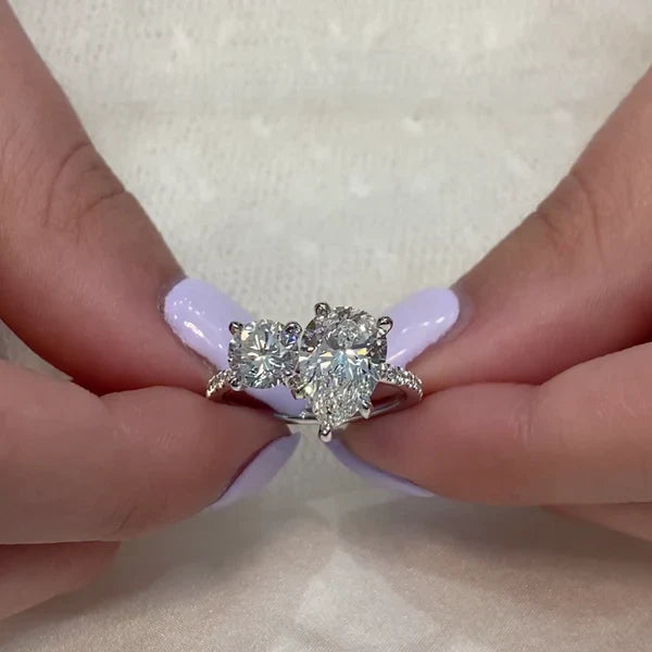Pear & Round 3.30tcw Lab Diamond Toi Et Moi Pavé Ring | IGI Certified | Custom Gold Engagement Ring