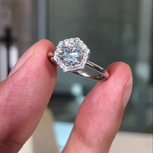 Round 2.60tcw Lab Diamond Hexagon Halo Engagement Ring | 2ct Center | IGI Certified